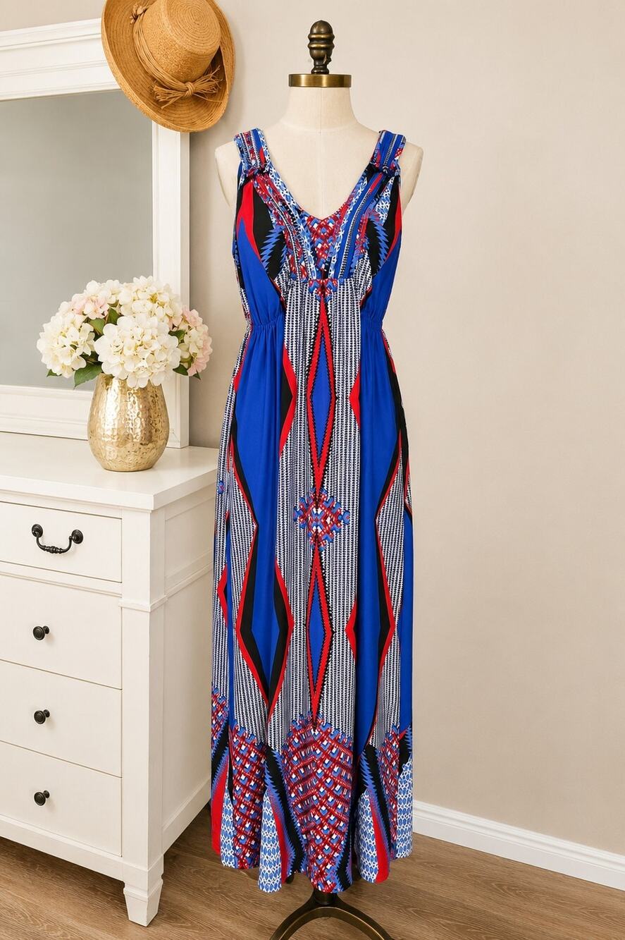 One World Live and Let Live Maxi XL Dress Women's Medium Blue Red Geometric...